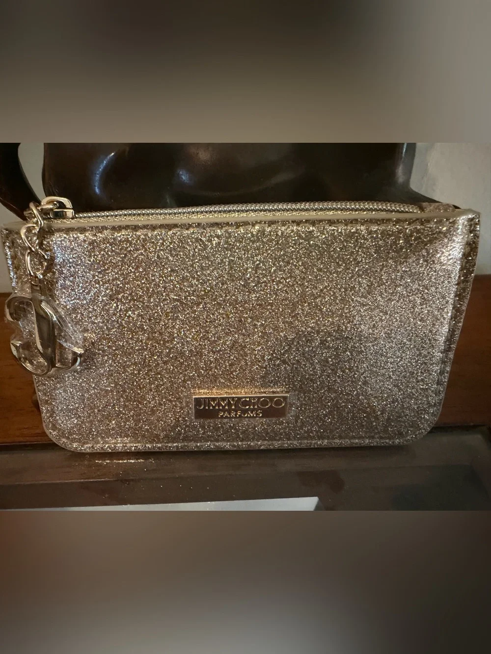 Jimmy Choo Parfums Gold Glitter Coin Purse Mini Zip Pouch NWOT